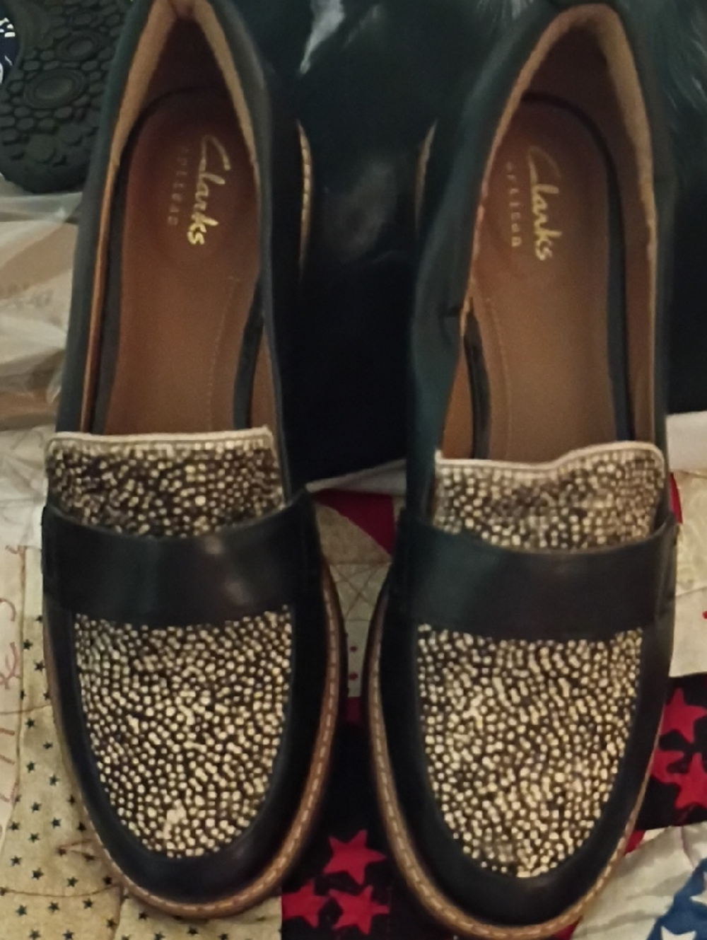 Clarks Women's Black and Ivory Speckled Loafers